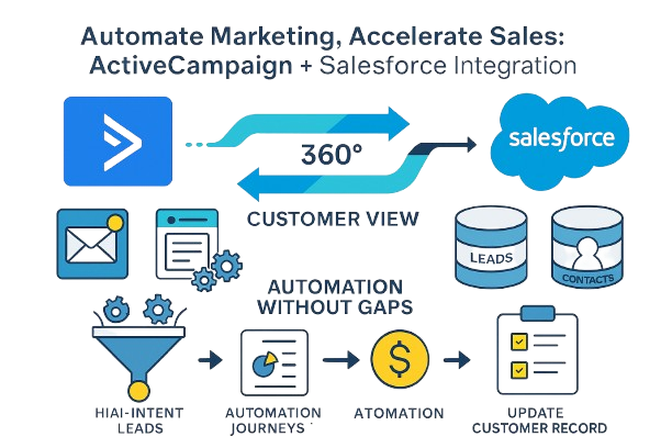 ActiveCampaign and Salesforce integration showing lead sync, automation workflows, and marketing-sales alignment