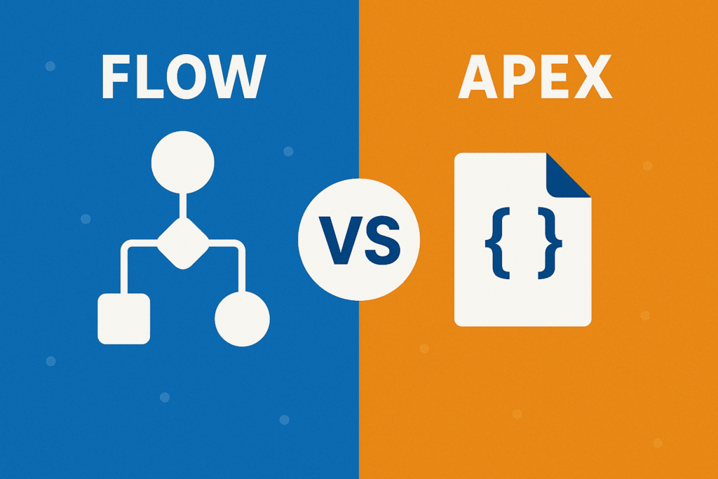 Salesforce Flow vs Apex comparison illustration with flowchart icon and code symbol