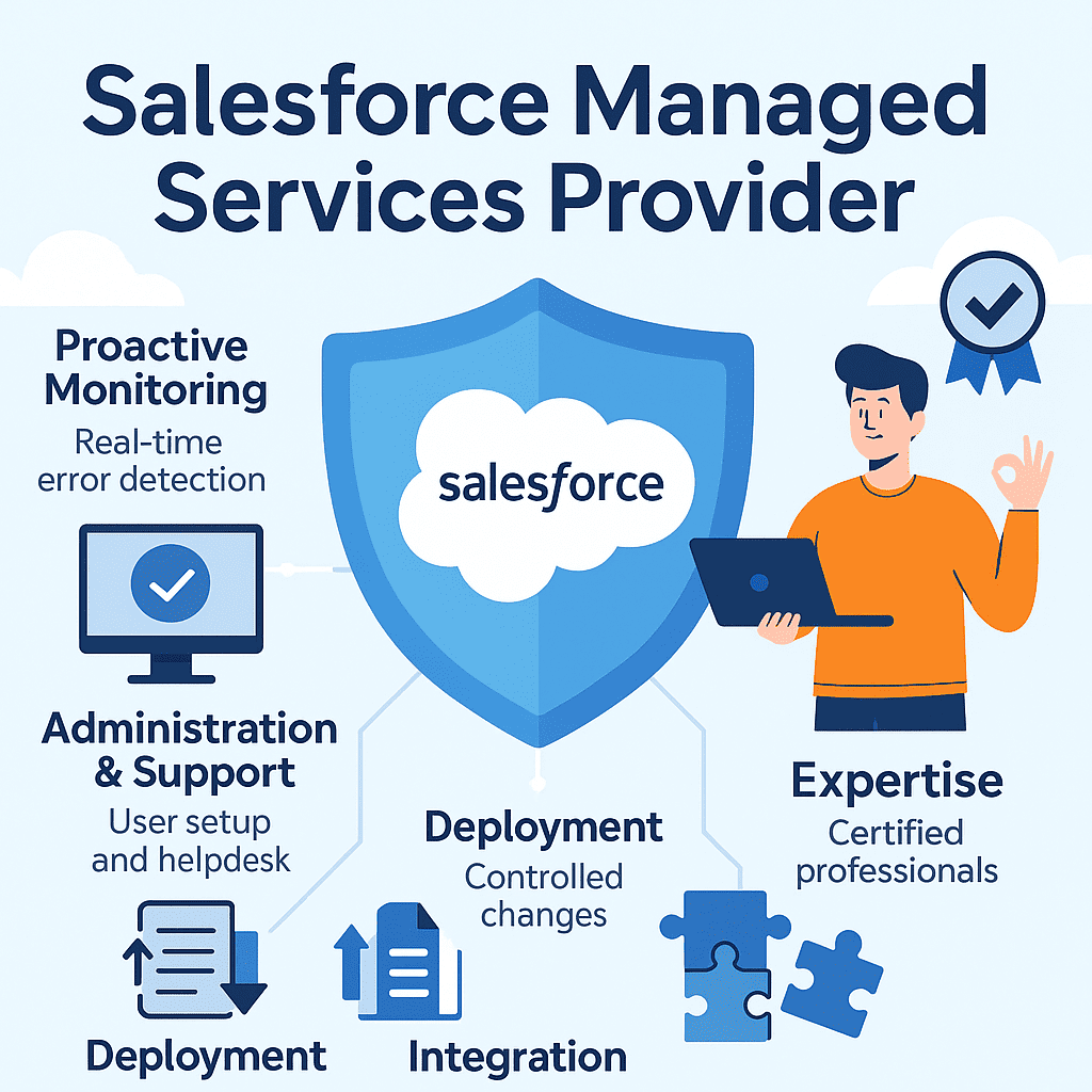 Diagram of Salesforce managed services lifecycle with metadata API deployment, validation, and rollback processes.