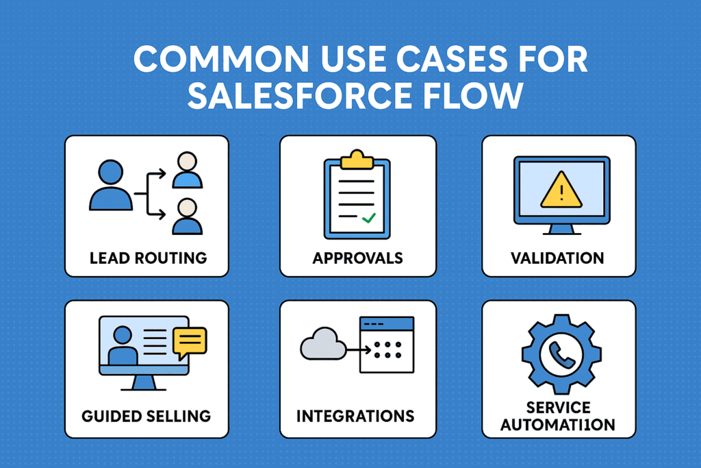Common use cases for Salesforce Flow: lead routing, approvals, validation, guided selling, integrations, service automation